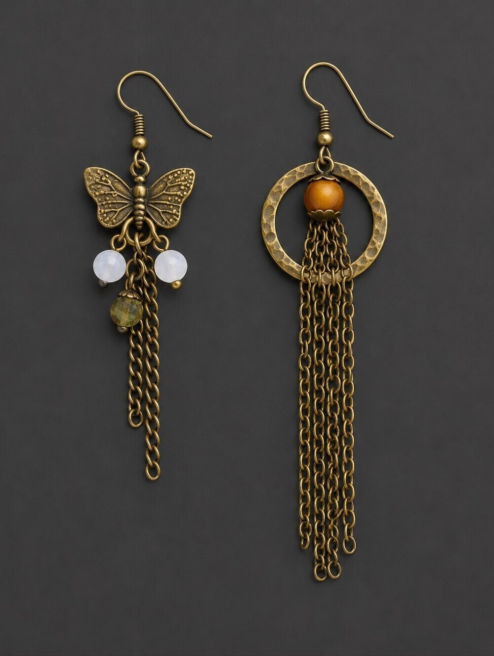 3/$30 Mismatched Antique Brass Fringe Butterfly Dangle Hook Earrings
